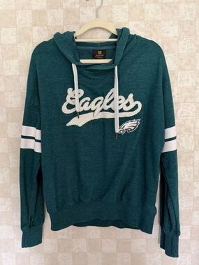 Women’s NFL Eagles Green Hooded Pullover with White Plush Script Embroidery